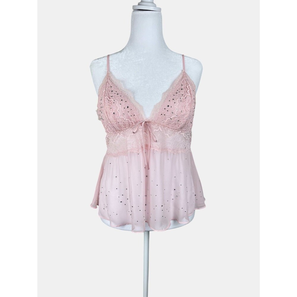 Victoria's Secret Pink Lace Chiffon Babydoll Cami Rhinestones Sheer Coquette XL